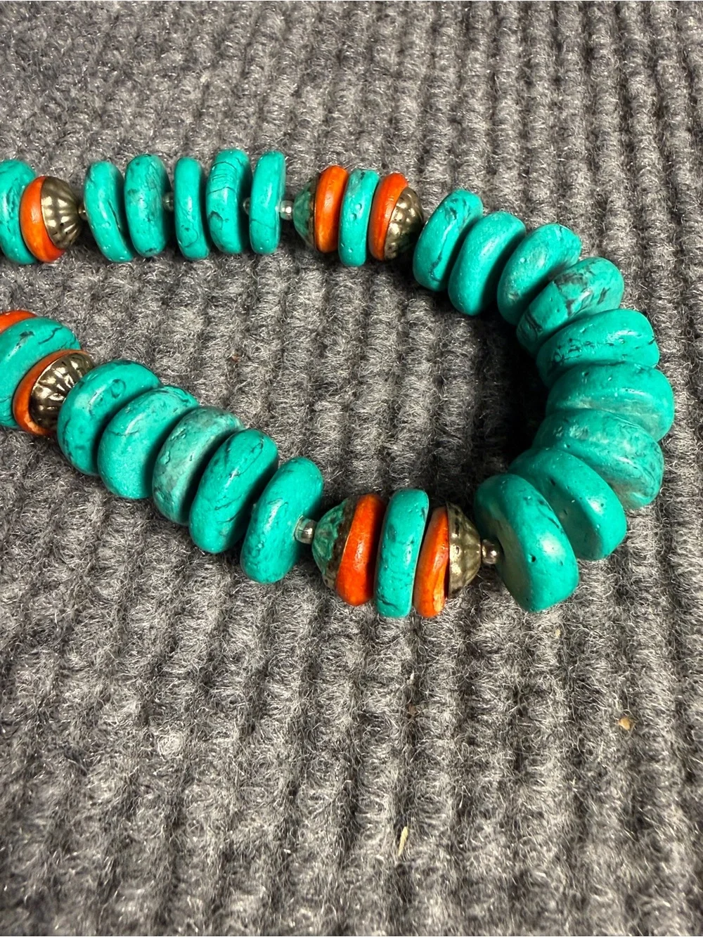 Southwestern Chunky Turquoise And Spiny Oyster Silver Bead Necklace Vintage